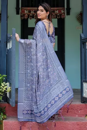 Festive ready handloom linen saree with floral artwork & matching blouse