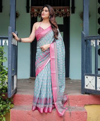 Handloom linen floral printed saree with tassels & attached blouse     5.5m 1