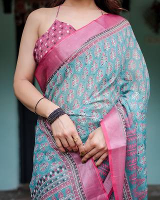 Handloom linen floral printed saree with tassels & attached blouse     5.5m 2