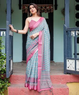 Handloom linen floral printed saree with tassels & attached blouse     5.5m 4