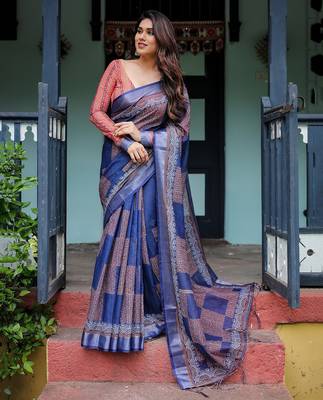 Elegant handloom linen saree with floral print & tassel edges     5.5m + 0.8m blouse 1