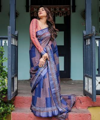 Elegant handloom linen saree with floral print & tassel edges     5.5m + 0.8m blouse 3