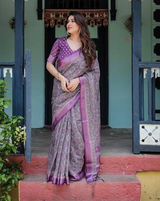 Pure linen handloom saree with floral print and designer tassels 1