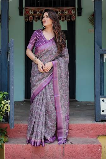 Pure linen handloom saree with floral print and designer tassels