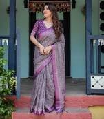 Pure linen handloom saree with floral print and designer tassels