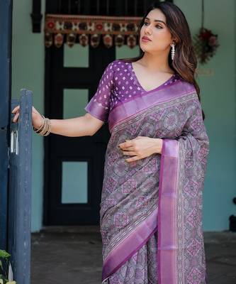 Pure linen handloom saree with floral print and designer tassels 2