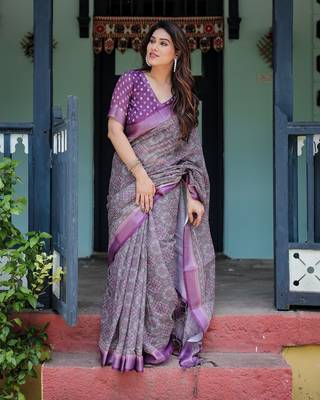 Pure linen handloom saree with floral print and designer tassels 3