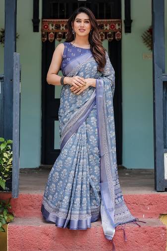 Floral printed linen saree in handloom weave with blouse piece – 5.5m