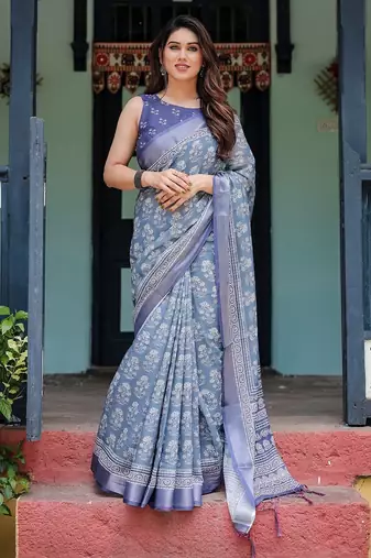 Floral printed linen saree in handloom weave with blouse piece – 5.5m