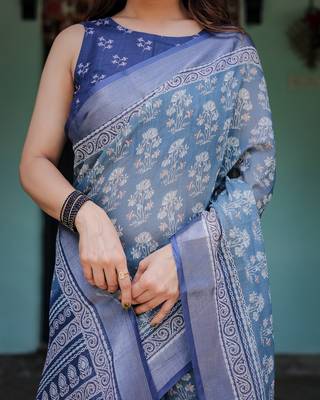 Floral printed linen saree in handloom weave with blouse piece     5.5m 4