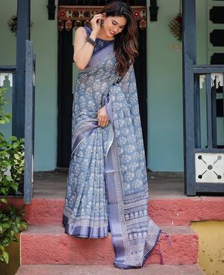 Floral printed linen saree in handloom weave with blouse piece     5.5m 5