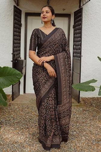 Soft handloom linen floral saree with tassels – includes 0.8m blouse