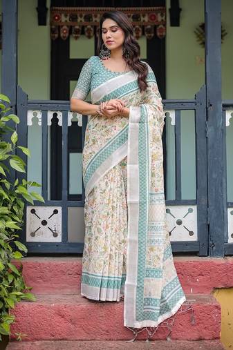 Printed floral handloom linen saree with stylish tassel finish – ready to wear