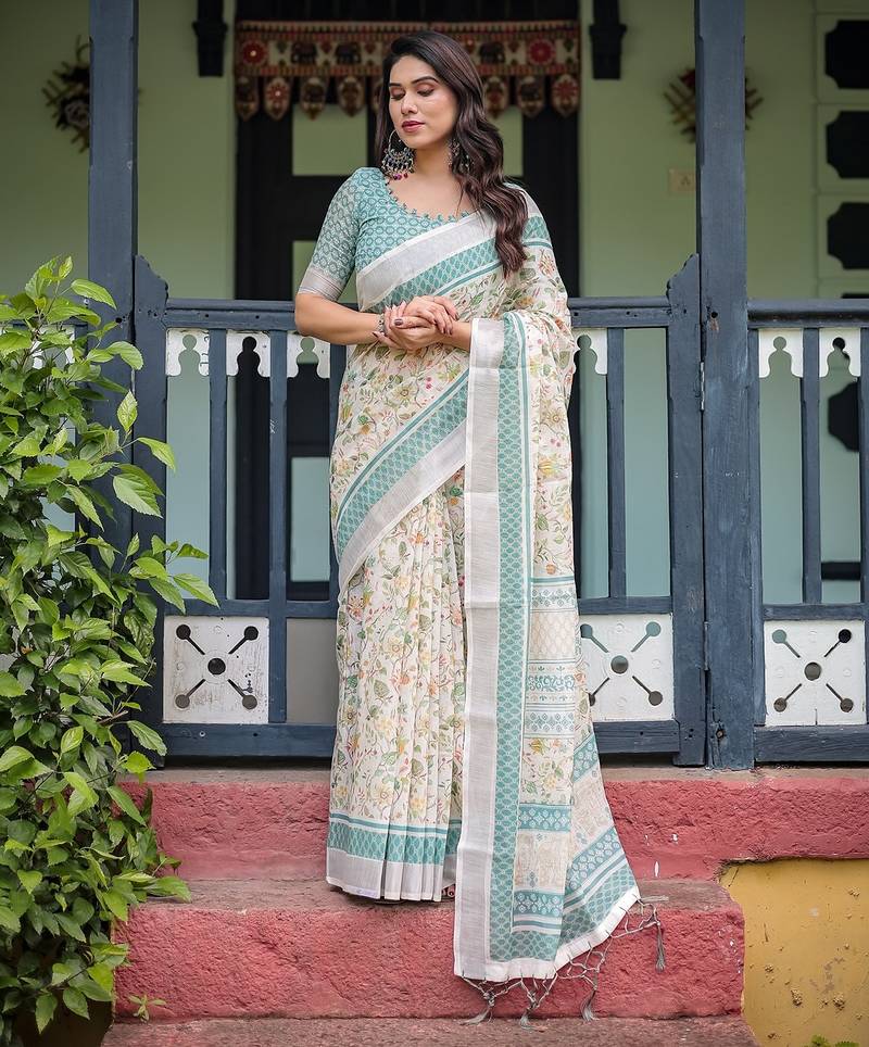 Printed floral handloom linen saree with stylish tassel finish     ready to wear