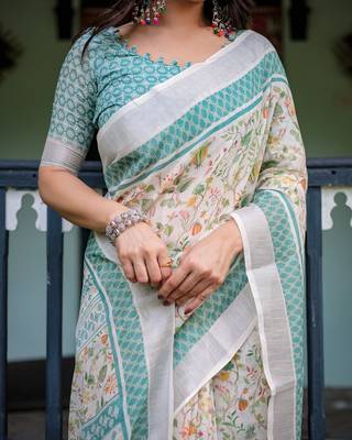 Printed floral handloom linen saree with stylish tassel finish     ready to wear 2