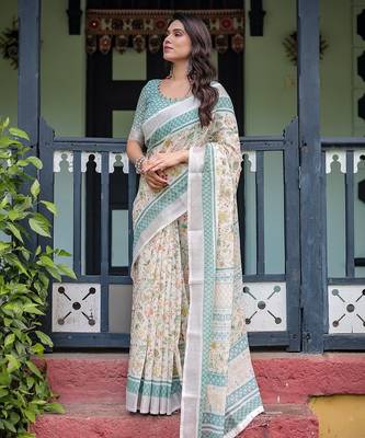 Printed floral handloom linen saree with stylish tassel finish     ready to wear 3