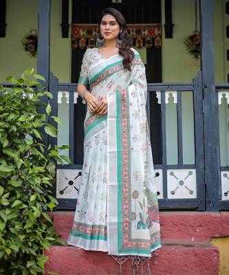 Graceful handloom linen saree with artistic floral print & tassels 3