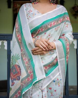 Graceful handloom linen saree with artistic floral print & tassels 4