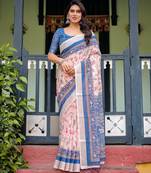 Designer floral print handloom linen saree with tassel pallu & blouse