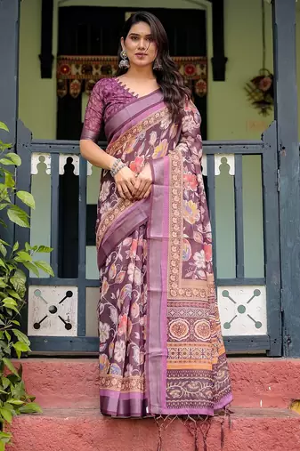 Linen handloom saree with digital floral print and tassels – festive wear