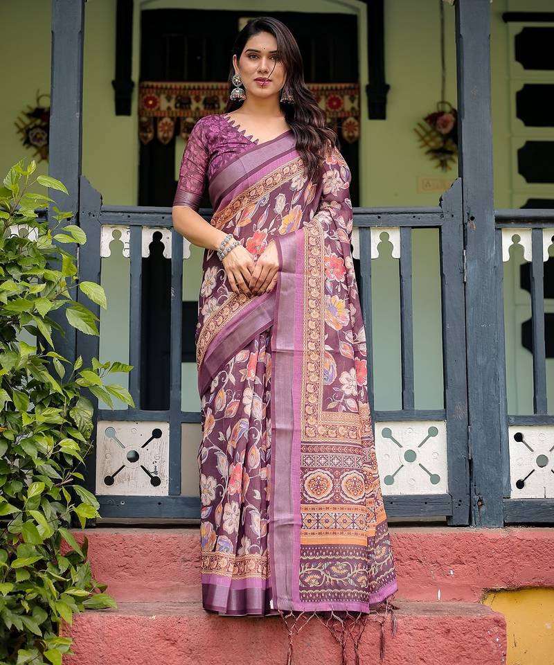 Linen handloom saree with digital floral print and tassels     festive wear