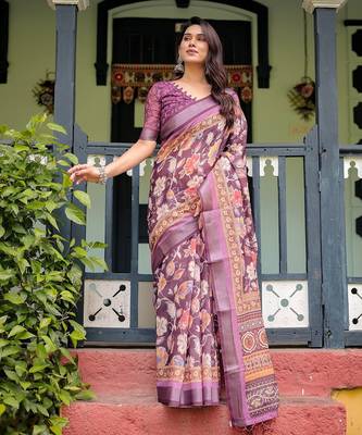 Linen handloom saree with digital floral print and tassels     festive wear 2