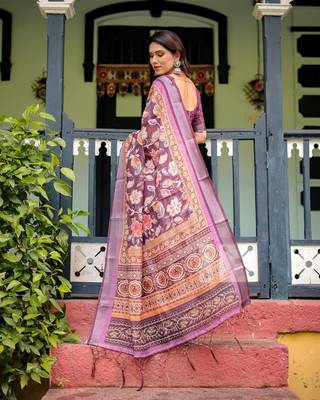 Linen handloom saree with digital floral print and tassels     festive wear 3