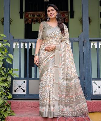 Pastel floral handloom linen saree with pallu tassels & blouse piece 1