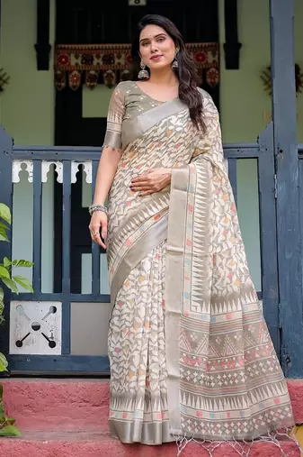 Pastel floral handloom linen saree with pallu tassels & blouse piece