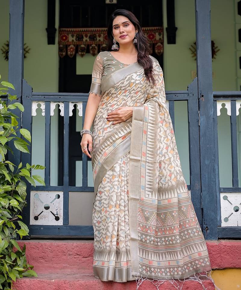 Pastel floral handloom linen saree with pallu tassels & blouse piece