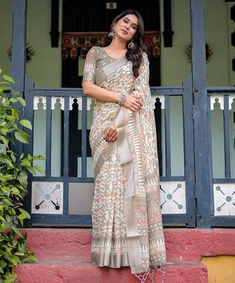 Pastel floral handloom linen saree with pallu tassels & blouse piece 2