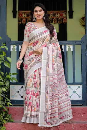 Ethnic handloom linen saree with colorful floral print and matching blouse