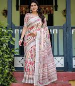 Ethnic handloom linen saree with colorful floral print and matching blouse