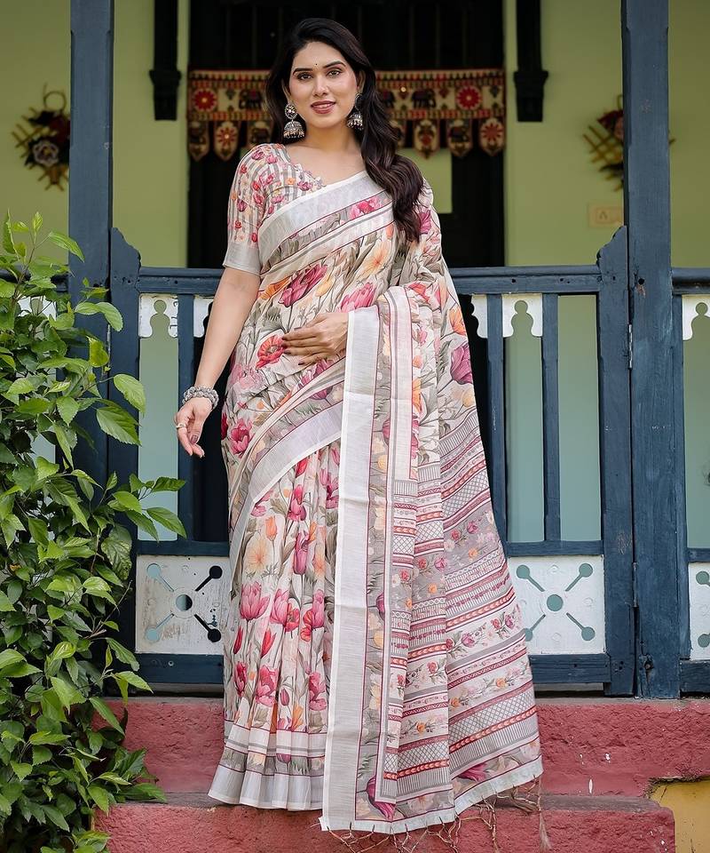 Ethnic handloom linen saree with colorful floral print and matching blouse