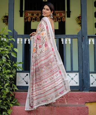 Ethnic handloom linen saree with colorful floral print and matching blouse 3
