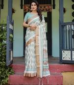 Linen cotton blend handloom saree with floral motif and tassel border