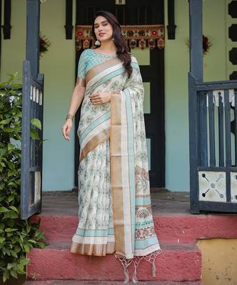 Linen cotton blend handloom saree with floral motif and tassel border 2