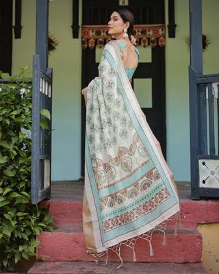 Linen cotton blend handloom saree with floral motif and tassel border 5