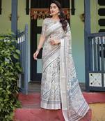 Women   s handloom linen saree     floral printed with attached blouse & tassels