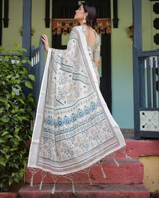 Women   s handloom linen saree     floral printed with attached blouse & tassels 2