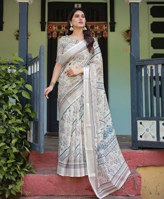 Women   s handloom linen saree     floral printed with attached blouse & tassels 3