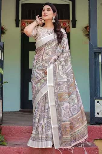 Premium floral print handloom linen saree with pallu tassels – 5.5m