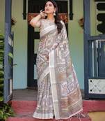 Premium floral print handloom linen saree with pallu tassels     5.5m