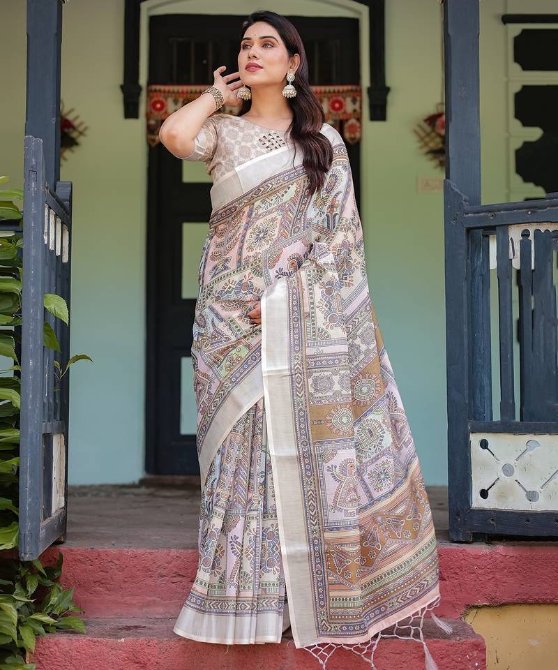 Premium floral print handloom linen saree with pallu tassels     5.5m