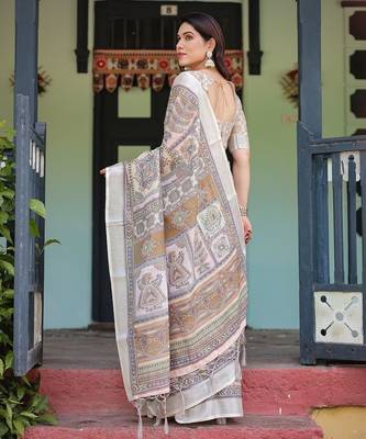 Premium floral print handloom linen saree with pallu tassels     5.5m 2