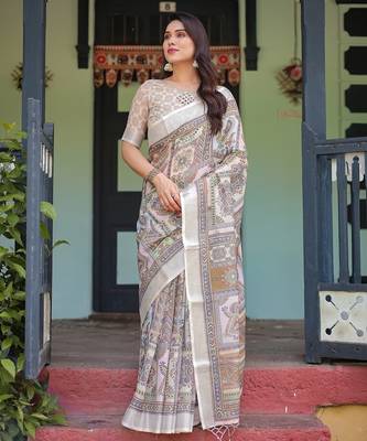 Premium floral print handloom linen saree with pallu tassels     5.5m 3