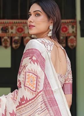 Printed handloom linen saree for women with floral design and tassels 3