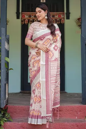 Printed handloom linen saree for women with floral design and tassels
