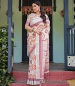 Printed handloom linen saree for women with floral design and tassels