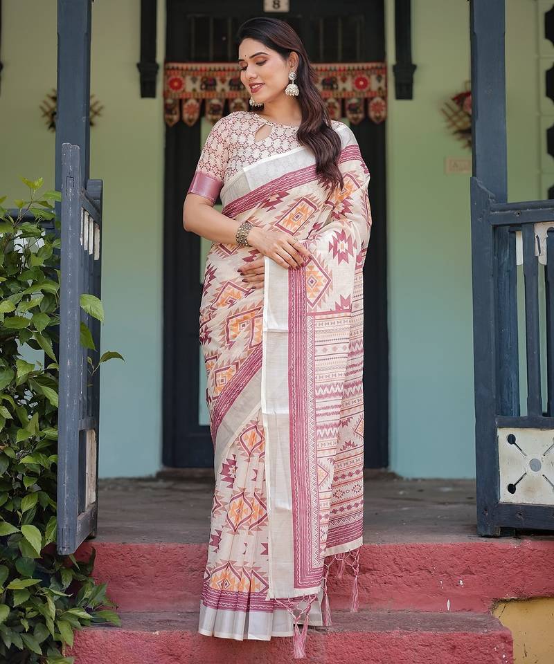 Printed handloom linen saree for women with floral design and tassels